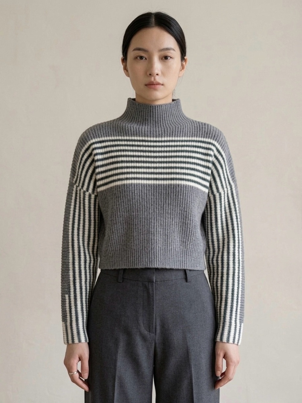 Paper Heart Grey & White Striped Mock Neck Cropped Sweater